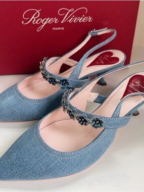 Roger Vivier Light Blue Denim Slingback Pumps with Floral Crystal Strap